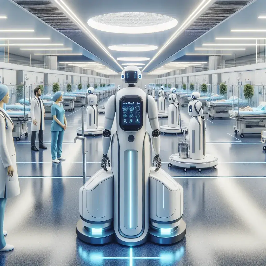 "Robot autónomo de desinfección en un hospital de Madrid, realizando tareas de limpieza en una sala médica para mejorar la seguridad y salud de pacientes."
